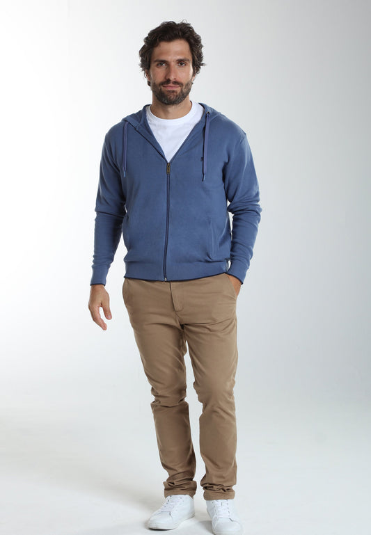Gilet zippé à capuche Michel en coton Milano bleu – Gentleman Farmer, vue 1