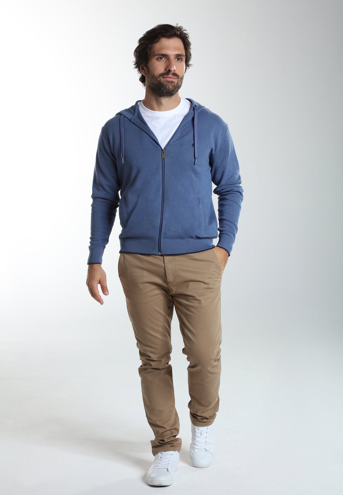Gilet zippé à capuche Michel en coton Milano bleu – Gentleman Farmer, vue 2