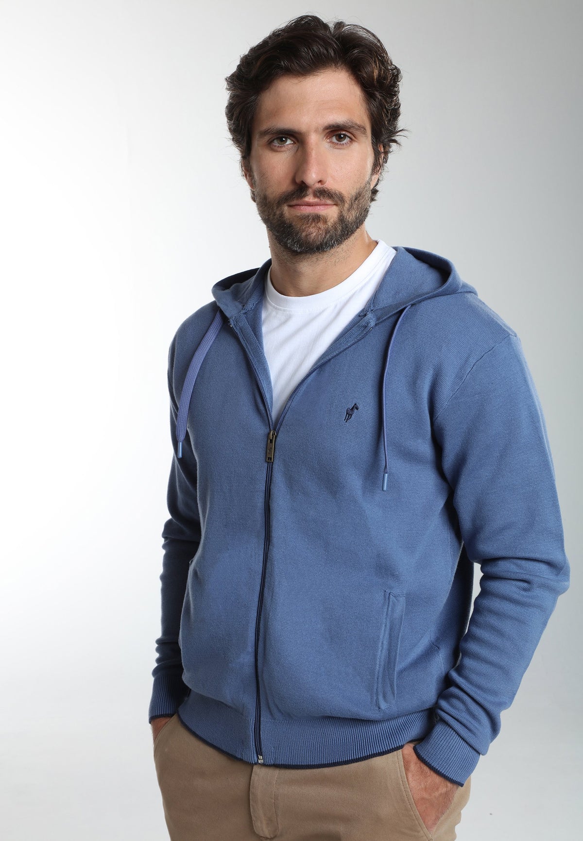 Gilet zippé à capuche Michel en coton Milano bleu – Gentleman Farmer, vue 5