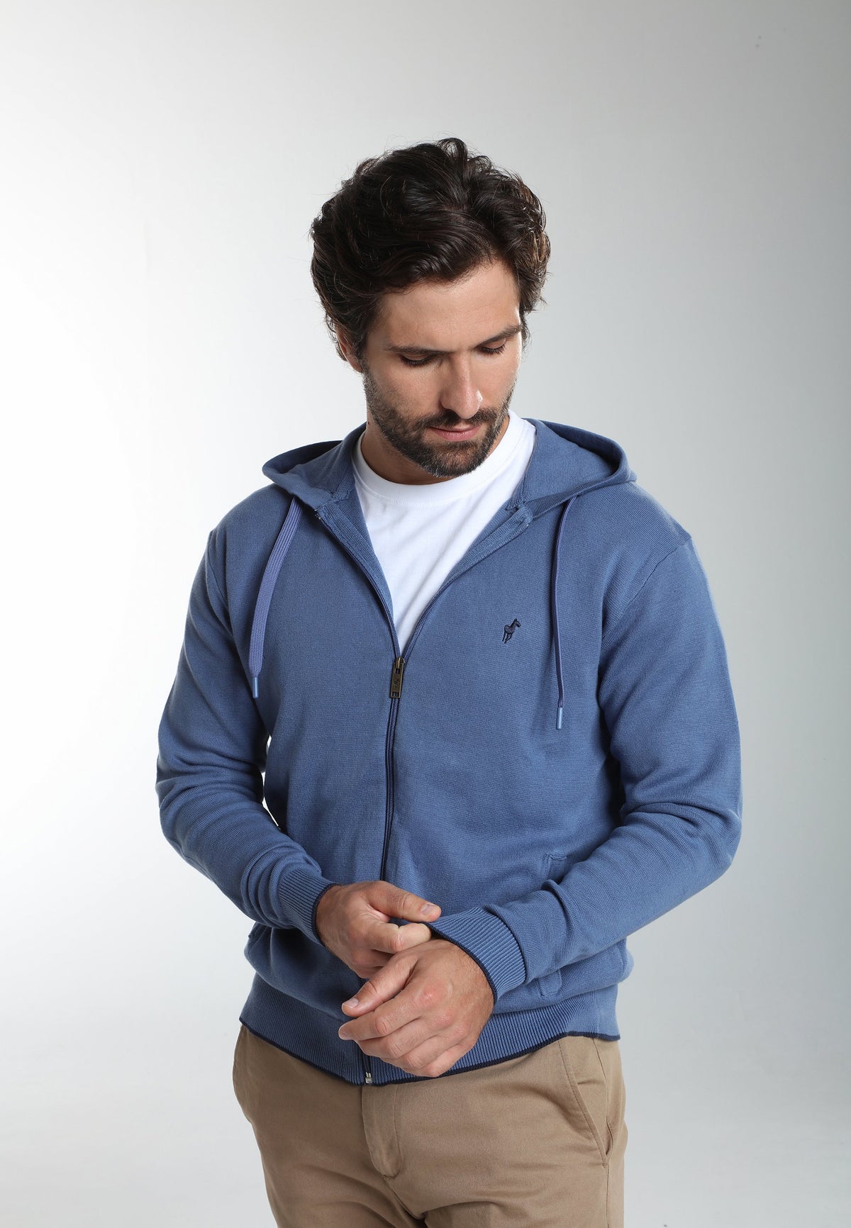 Gilet zippé à capuche Michel en coton Milano bleu – Gentleman Farmer, vue 6
