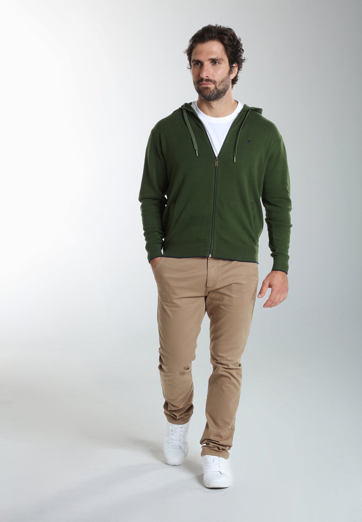 Gilet zippé à capuche Michel en coton Milano kaki – Gentleman Farmer, vue 1