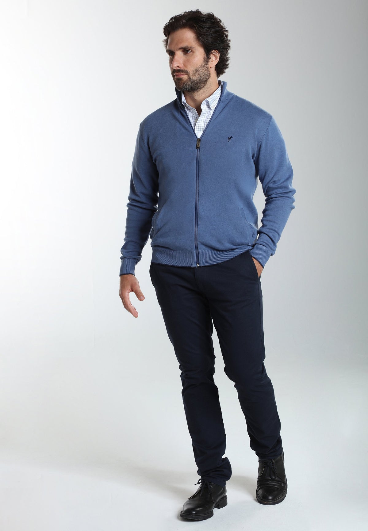 Gilet zippé col camionneur Morgan en coton Milano bleu – Gentleman Farmer, vue 1