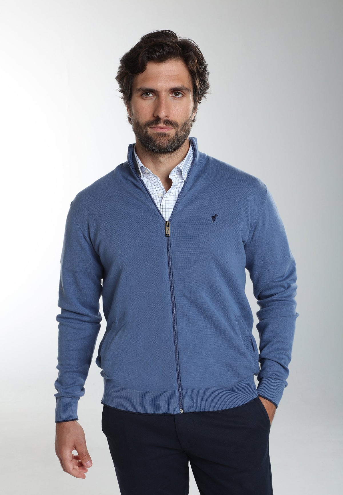Gilet zippé col camionneur Morgan en coton Milano bleu – Gentleman Farmer, vue 4