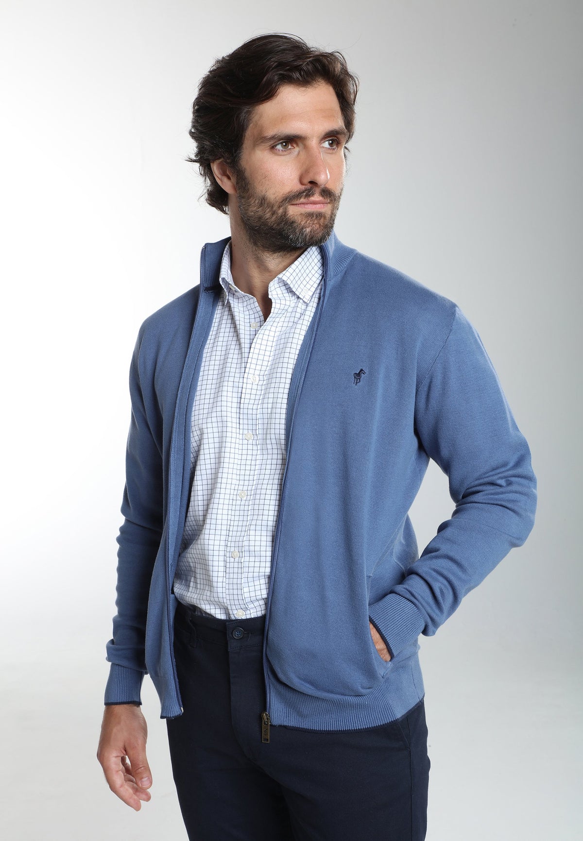 Gilet zippé col camionneur Morgan en coton Milano bleu – Gentleman Farmer, vue 5