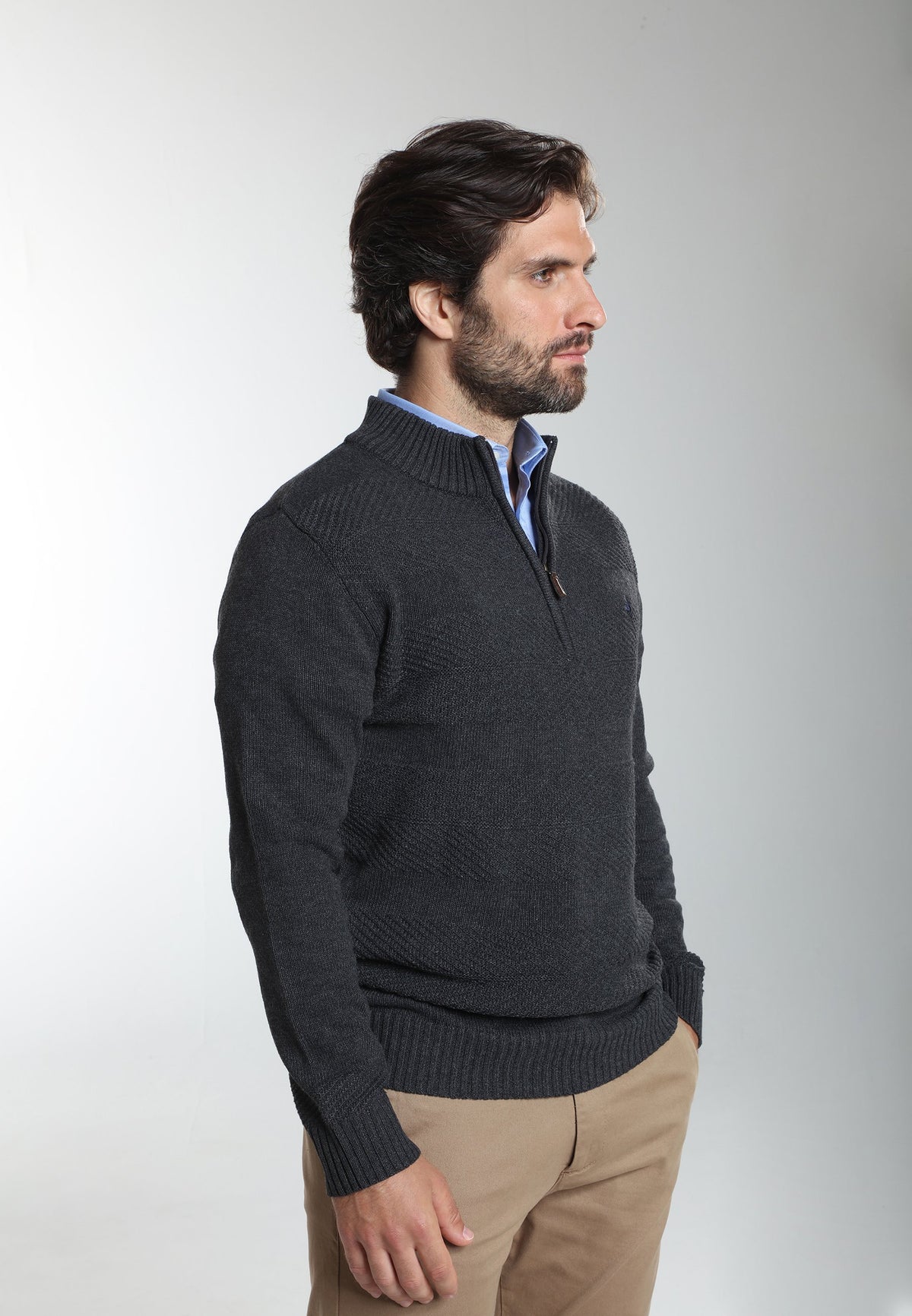 Pull col camionneur zippé Léopol en coton jacquard anthracite – Gentleman Farmer, vue 2