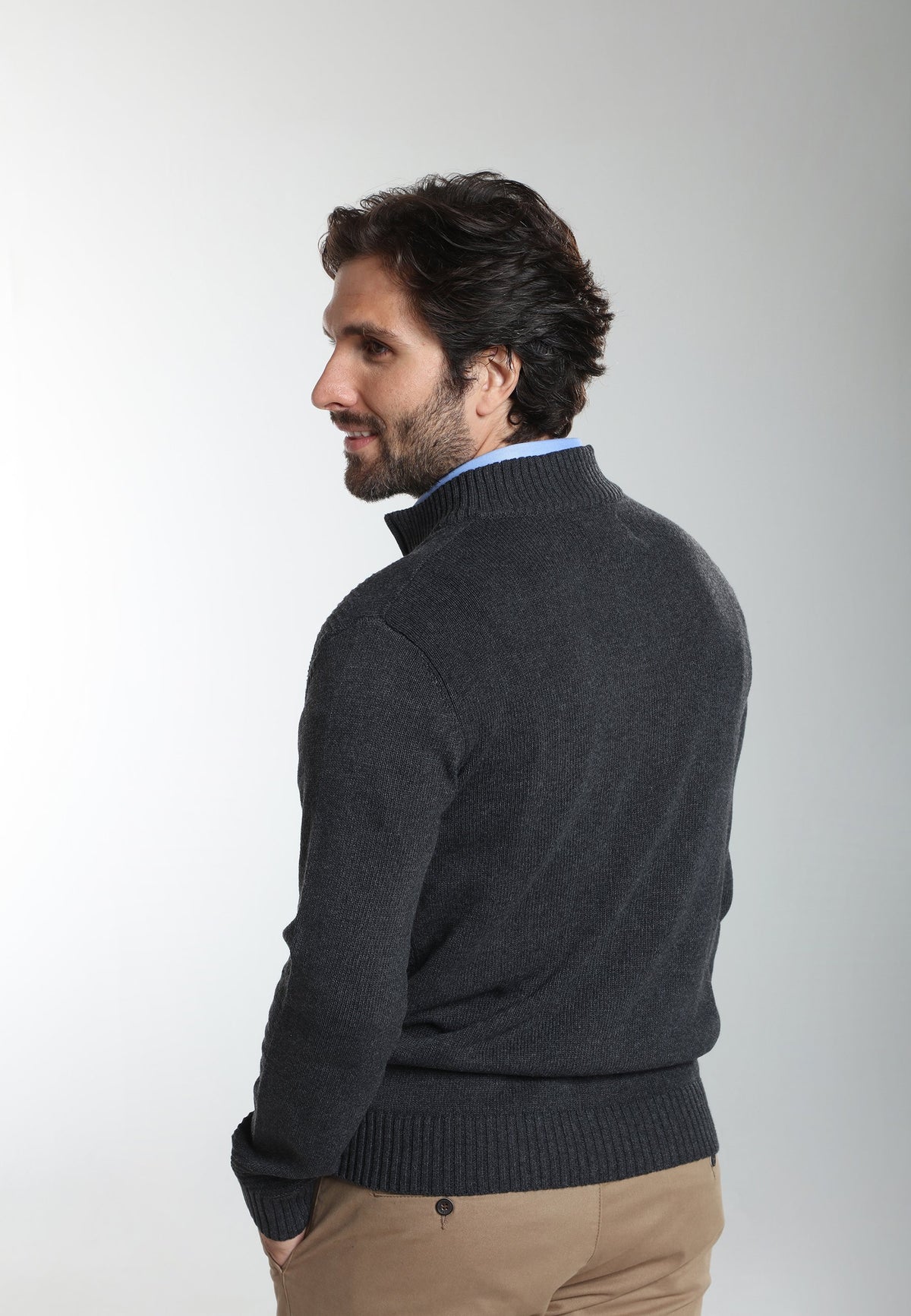 Pull col camionneur zippé Léopol en coton jacquard anthracite – Gentleman Farmer, vue 3