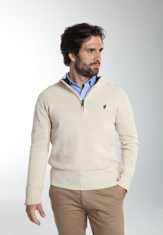Pull col camionneur zippé Léopol en coton jacquard écru – Gentleman Farmer, vue 1