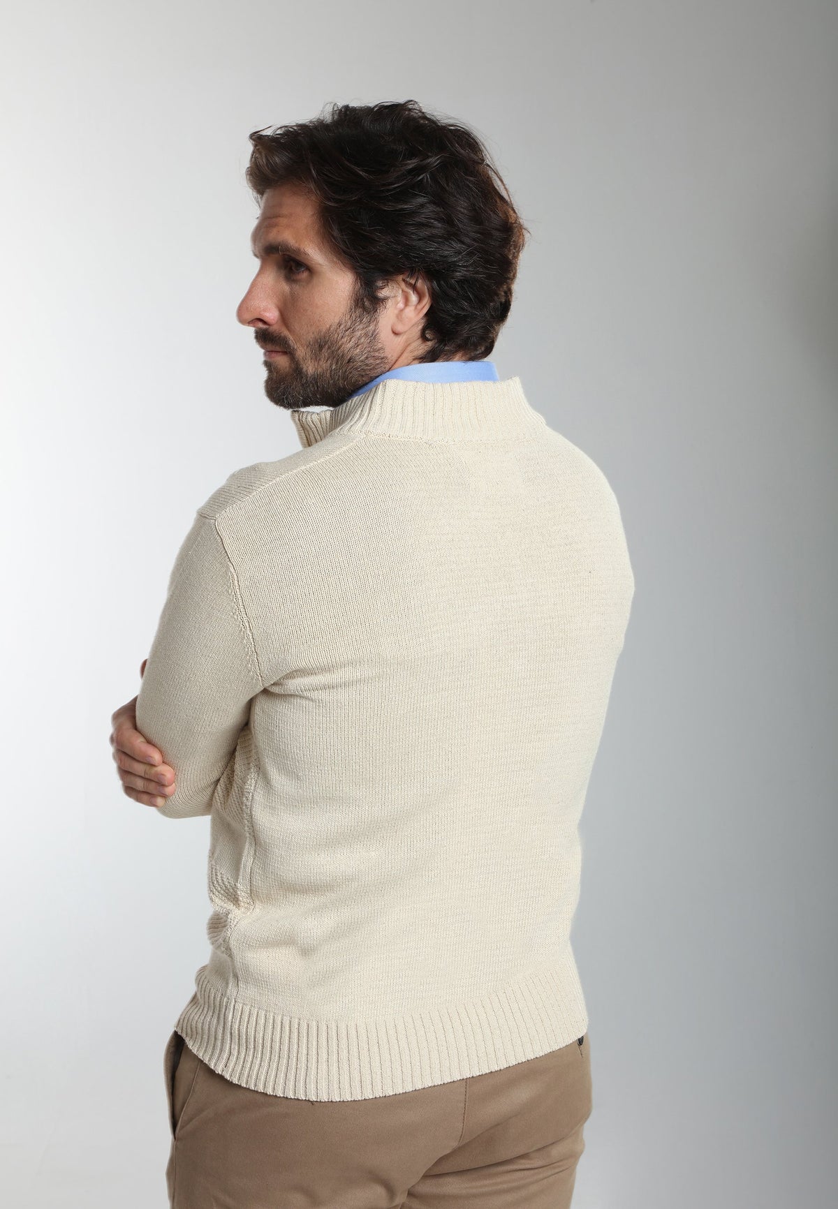Pull col camionneur zippé Léopol en coton jacquard écru – Gentleman Farmer, vue 2