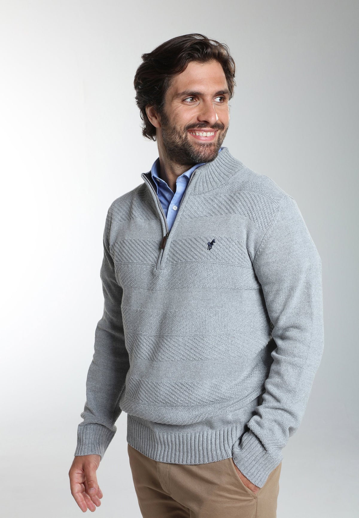Pull col camionneur zippé Léopol en coton jacquard gris – Gentleman Farmer, vue 1