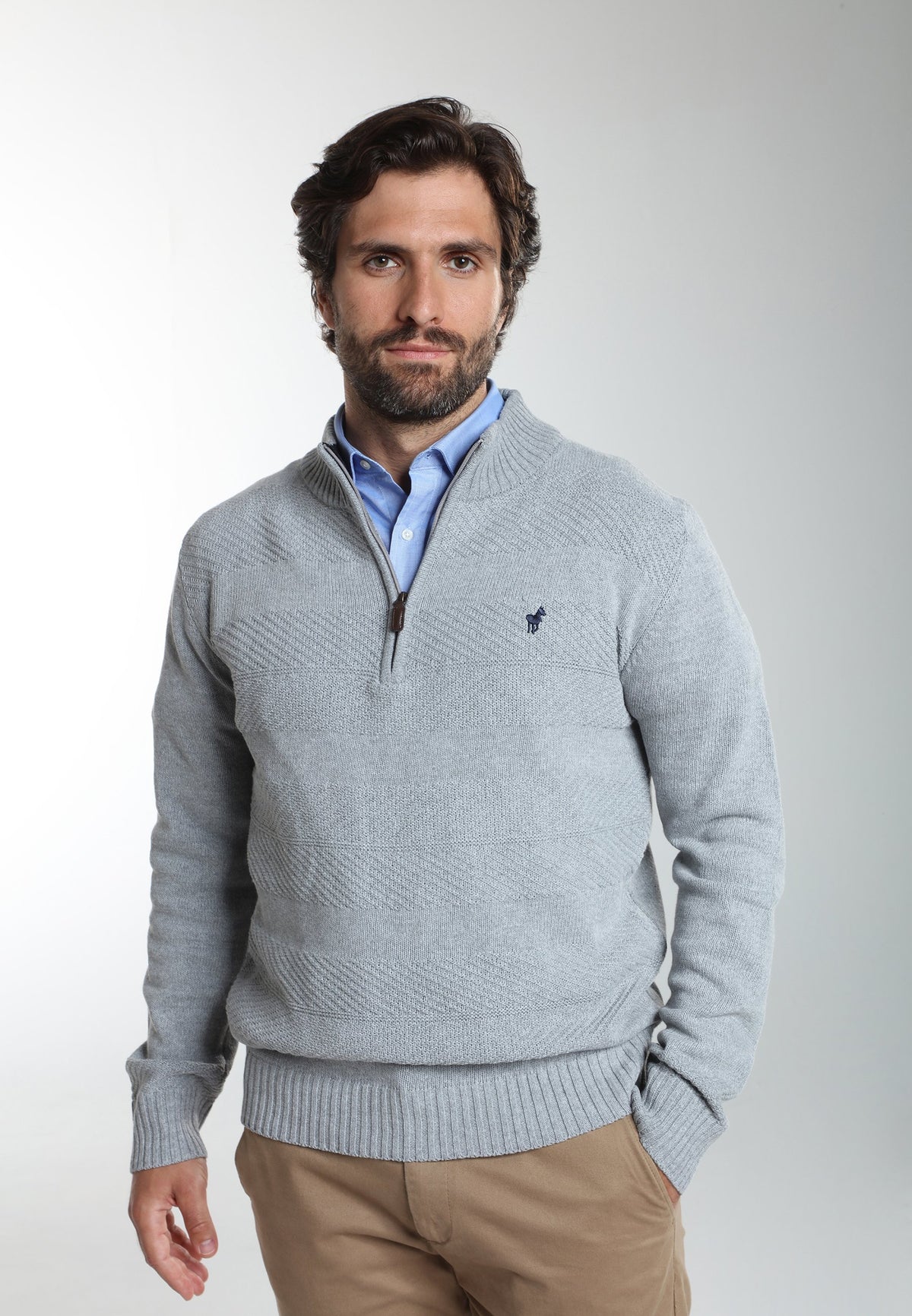 Pull col camionneur zippé Léopol en coton jacquard gris – Gentleman Farmer, vue 2