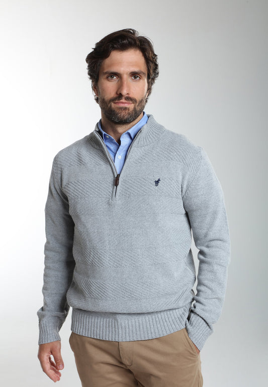 Pull col camionneur zippé Léopol en coton jacquard gris – Gentleman Farmer, vue 2