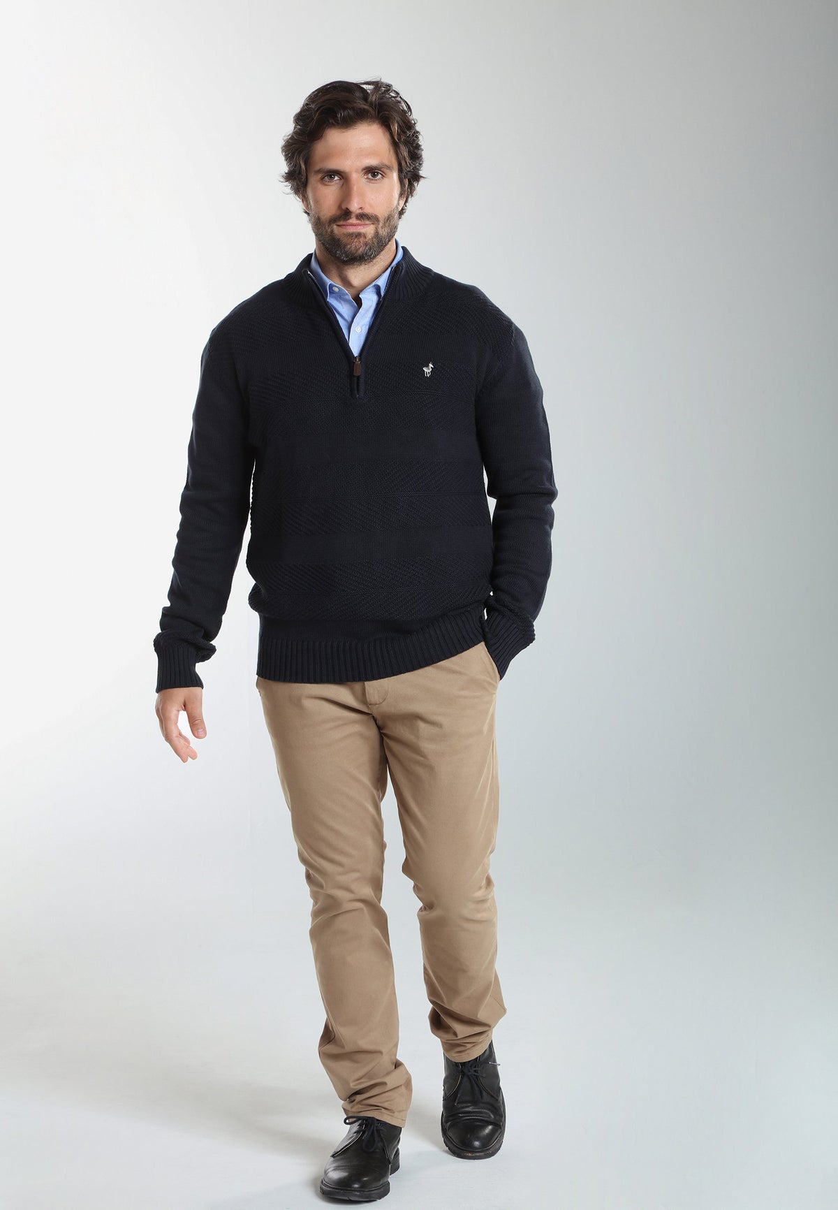 Pull col camionneur zippé Léopol en coton jacquard marine – Gentleman Farmer, vue 1