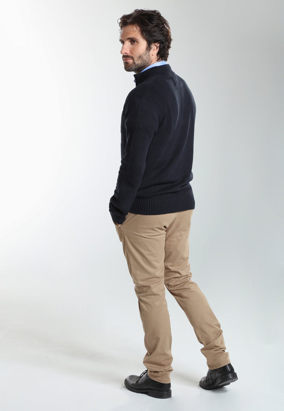 Pull col camionneur zippé Léopol en coton jacquard marine – Gentleman Farmer, vue 3