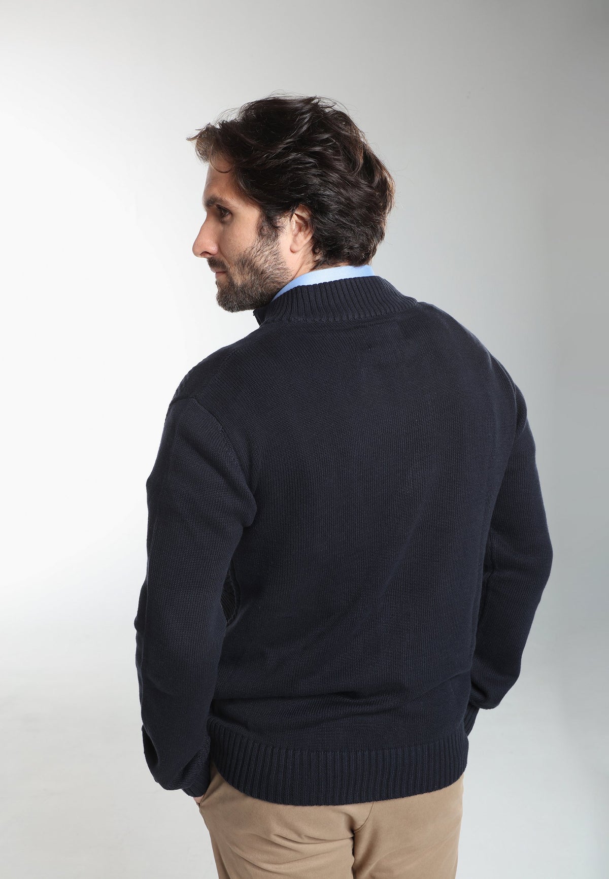 Pull col camionneur zippé Léopol en coton jacquard marine – Gentleman Farmer, vue 4