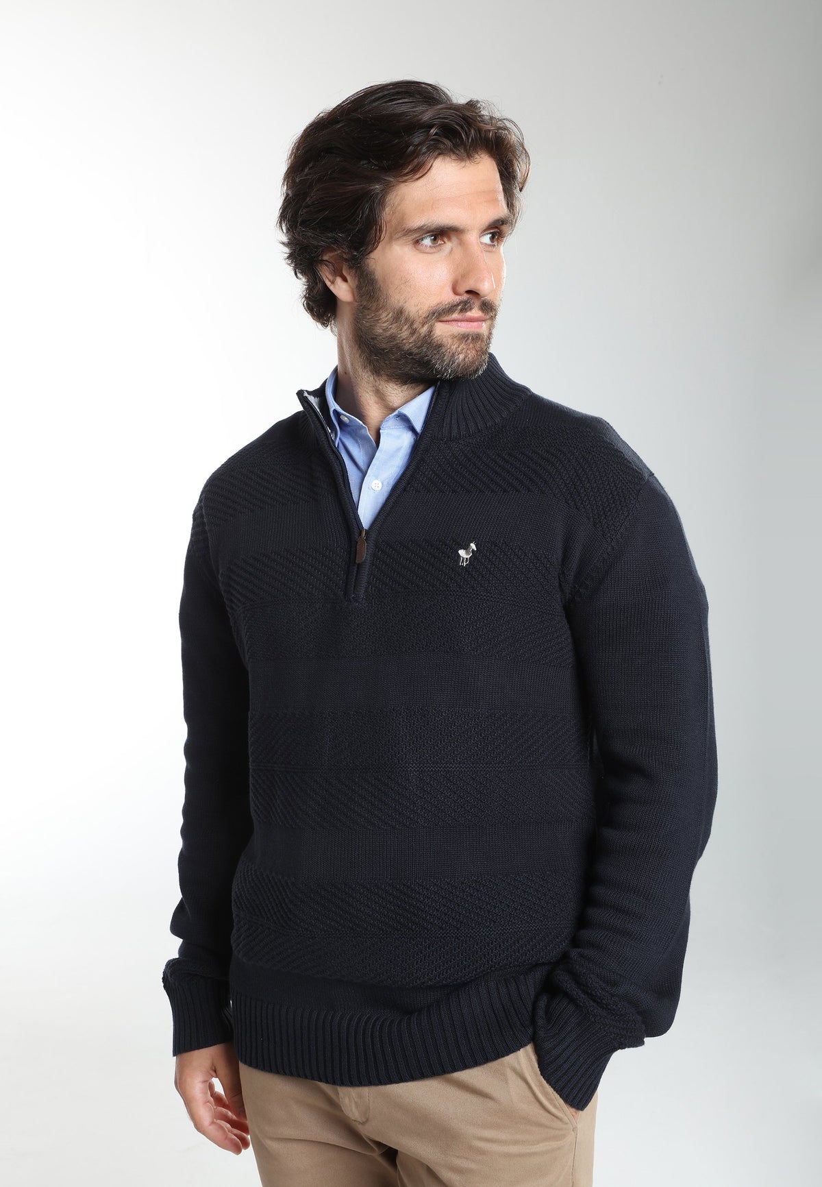 Pull col camionneur zippé Léopol en coton jacquard marine – Gentleman Farmer, vue 5