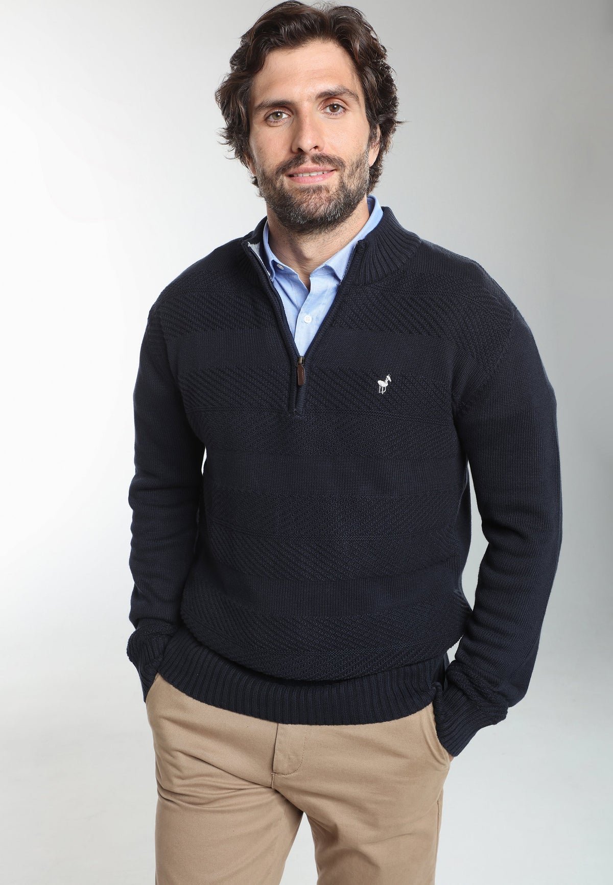 Pull col camionneur zippé Léopol en coton jacquard marine – Gentleman Farmer, vue 6