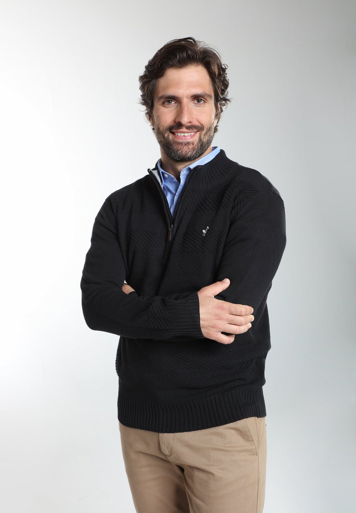 Pull col camionneur zippé Léopol en coton jacquard noir – Gentleman Farmer, vue 1