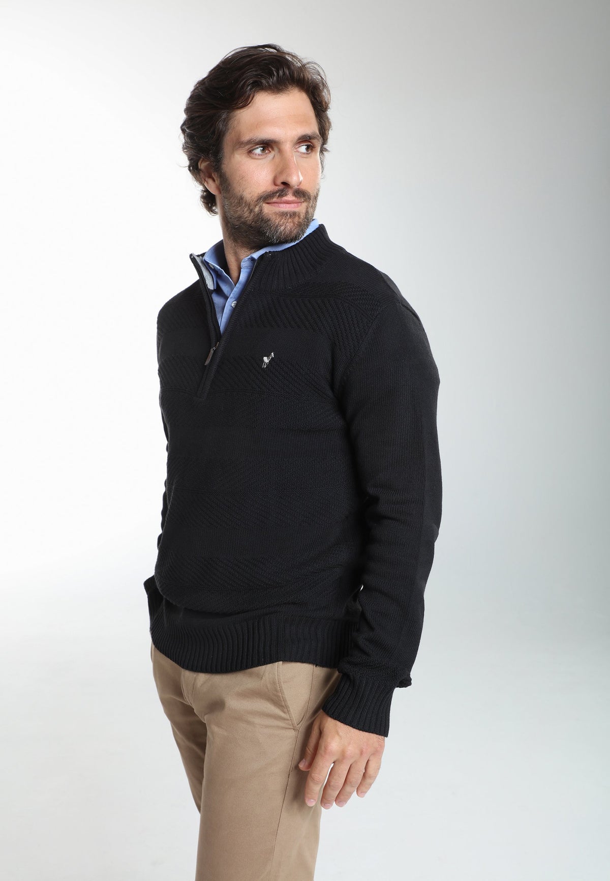 Pull col camionneur zippé Léopol en coton jacquard noir – Gentleman Farmer, vue 2