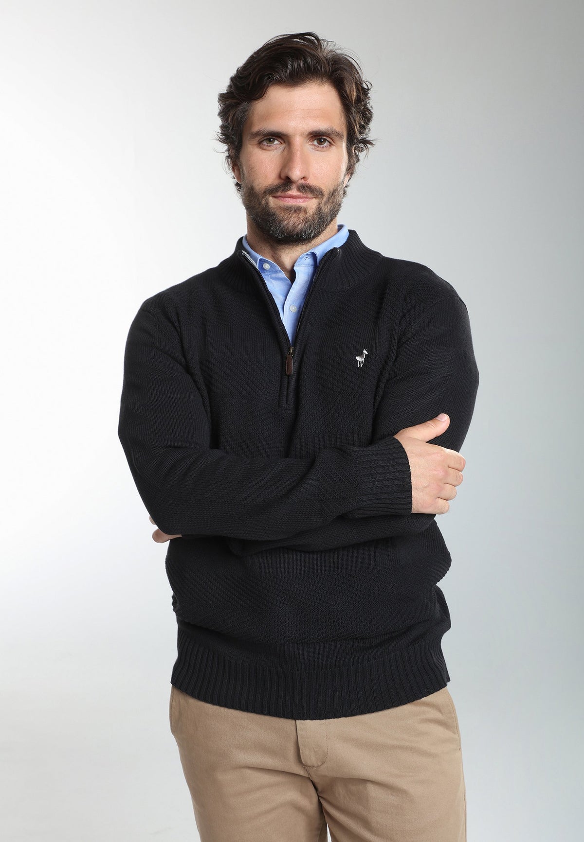 Pull col camionneur zippé Léopol en coton jacquard noir – Gentleman Farmer, vue 3