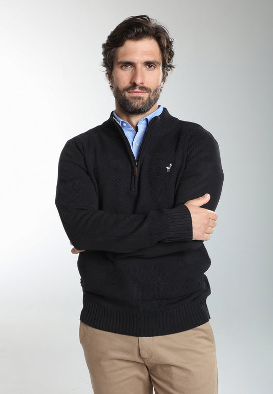 Pull col camionneur zippé Léopol en coton jacquard noir – Gentleman Farmer, vue 3
