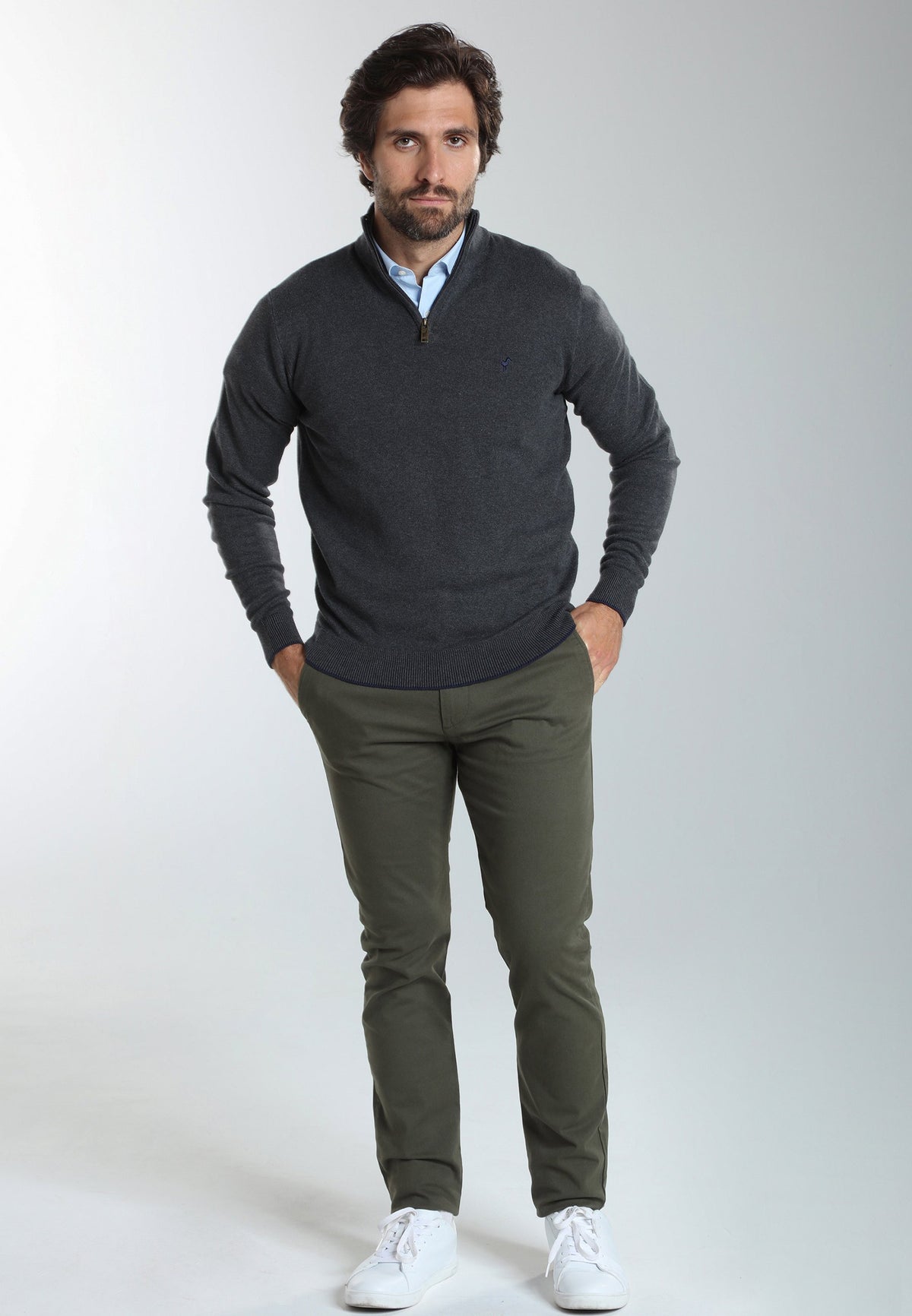 Pull col camionneur zippé Maxime en coton Milano anthracite – Gentleman Farmer, vue 1
