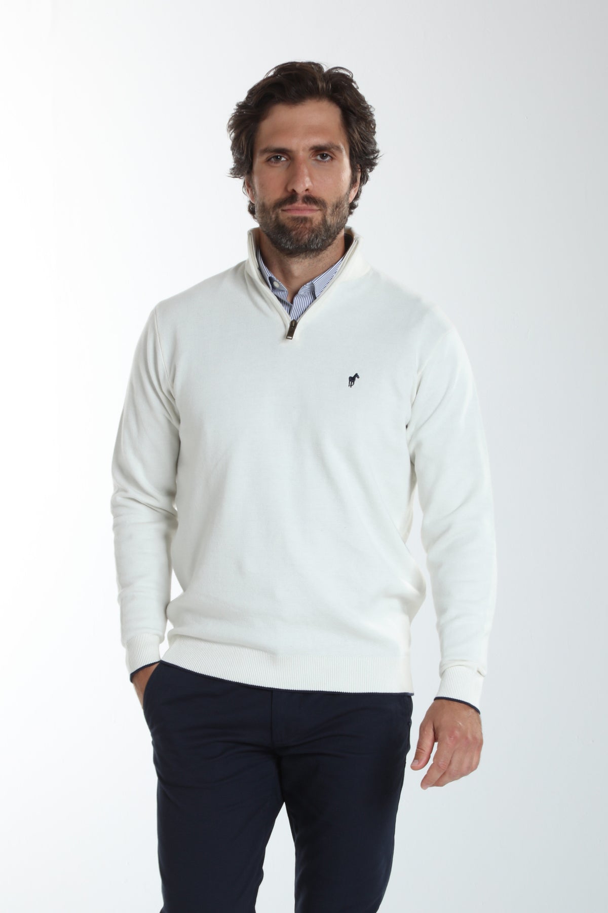 Pull col camionneur zippé Maxime en coton Milano blanc – Gentleman Farmer, vue 1