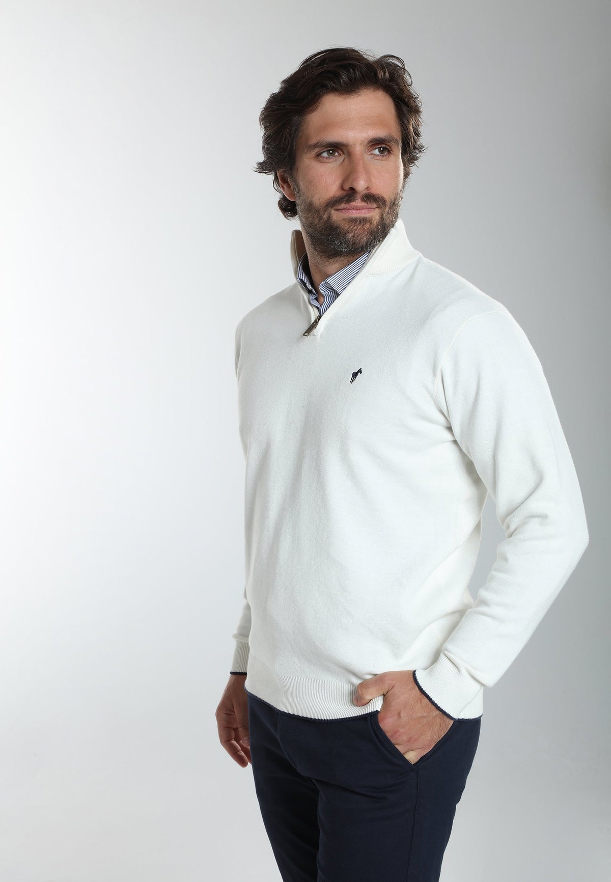 Pull col camionneur zippé Maxime en coton Milano blanc – Gentleman Farmer, vue 3