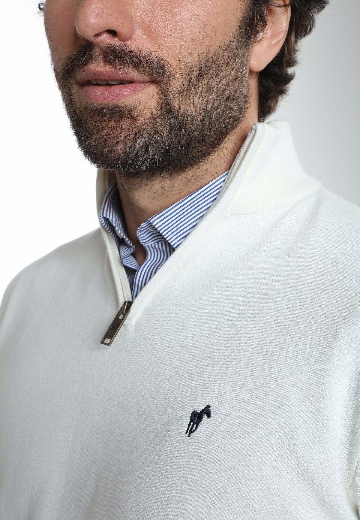 Pull col camionneur zippé Maxime en coton Milano blanc – Gentleman Farmer, vue 4