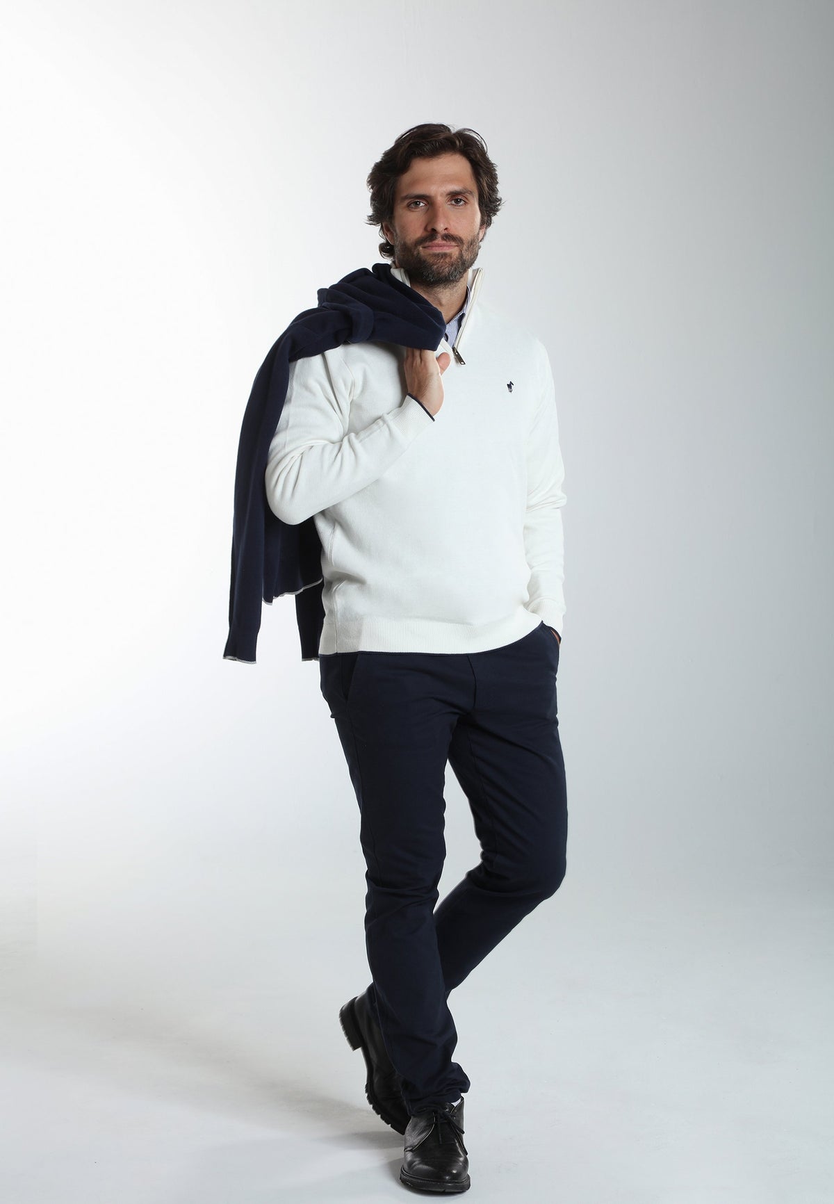 Pull col camionneur zippé Maxime en coton Milano blanc – Gentleman Farmer, vue 7