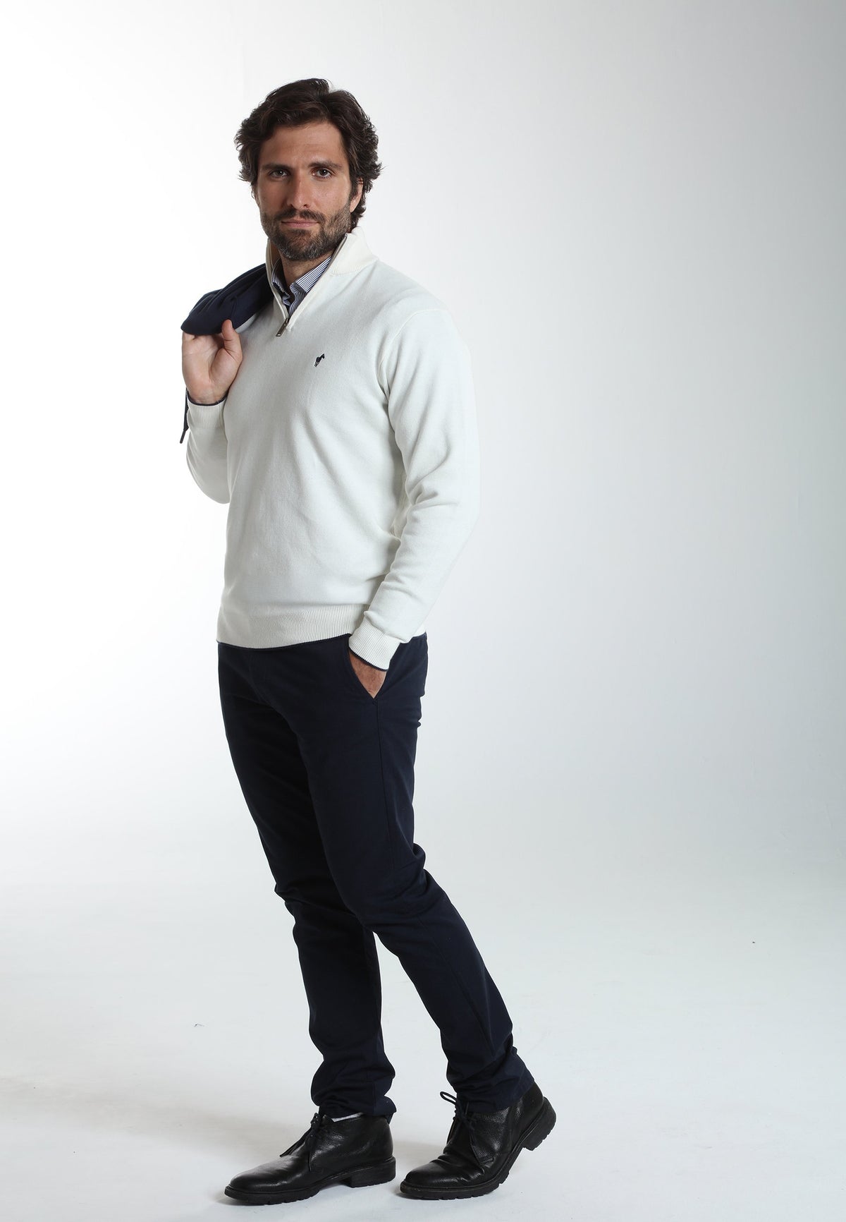 Pull col camionneur zippé Maxime en coton Milano blanc – Gentleman Farmer, vue 8