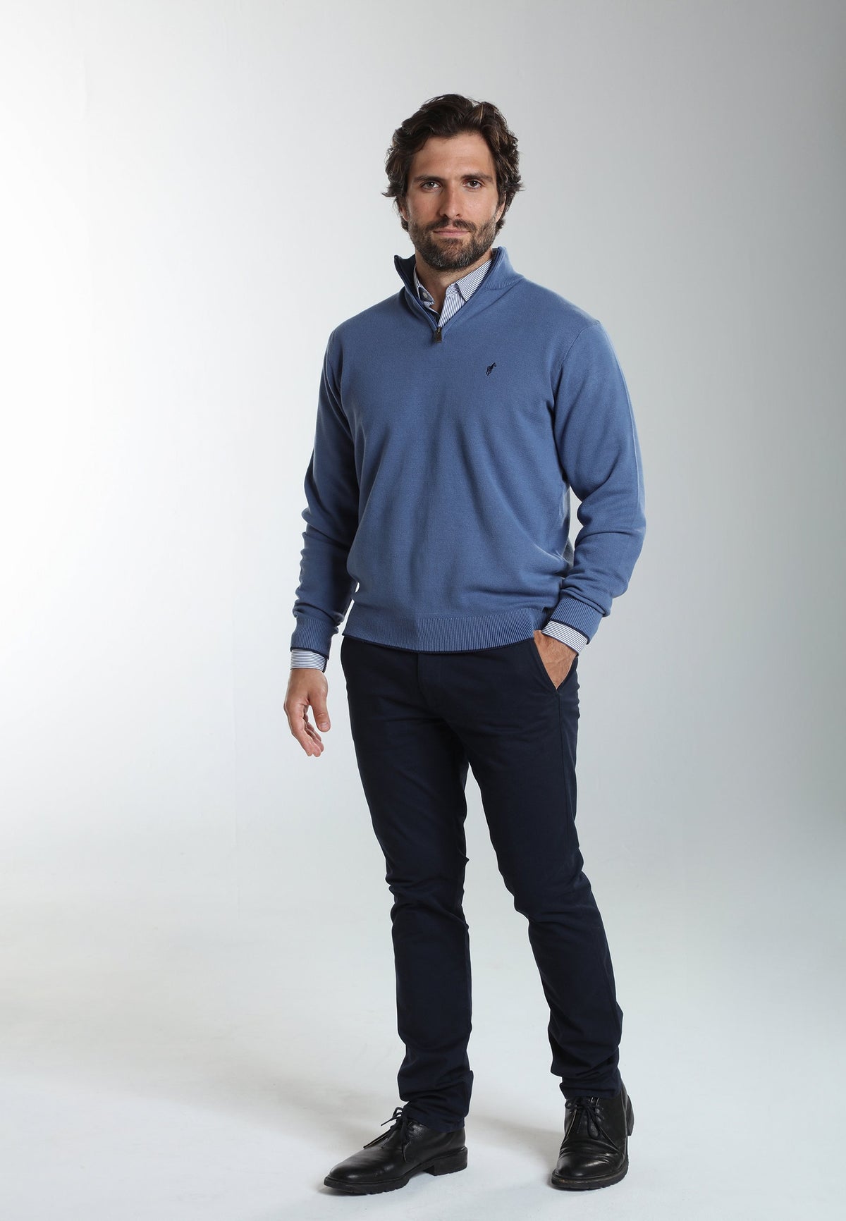 Pull col camionneur zippé Maxime en coton Milano bleu – Gentleman Farmer, vue 1
