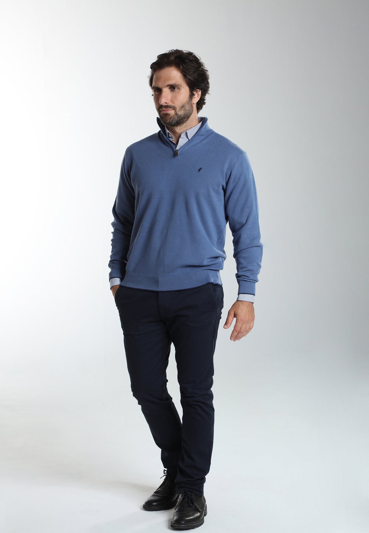Pull col camionneur zippé Maxime en coton Milano bleu – Gentleman Farmer, vue 2