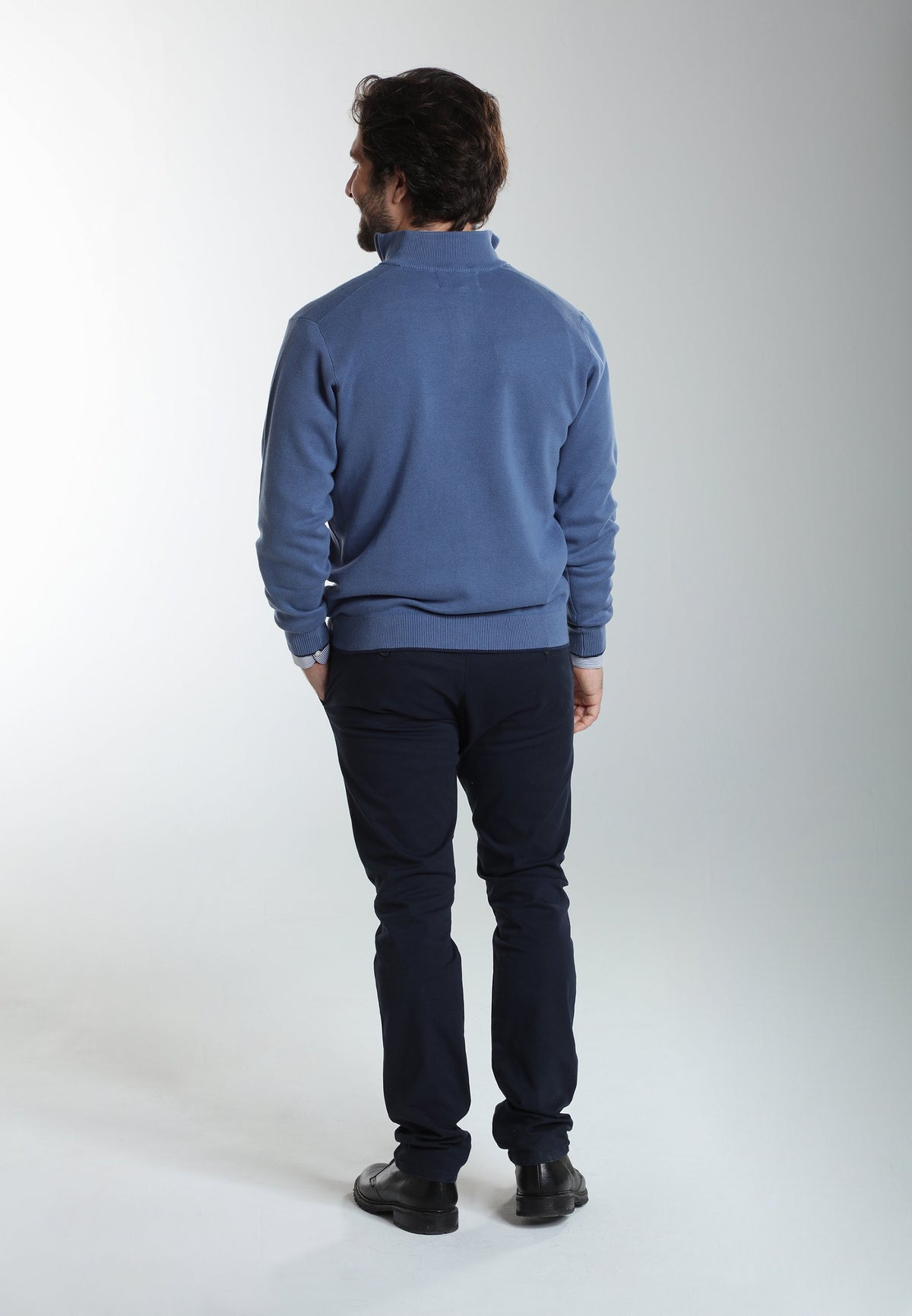 Pull col camionneur zippé Maxime en coton Milano bleu – Gentleman Farmer, vue 3