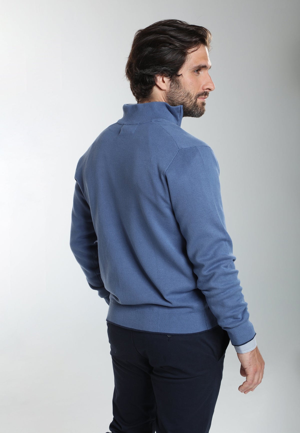 Pull col camionneur zippé Maxime en coton Milano bleu – Gentleman Farmer, vue 4