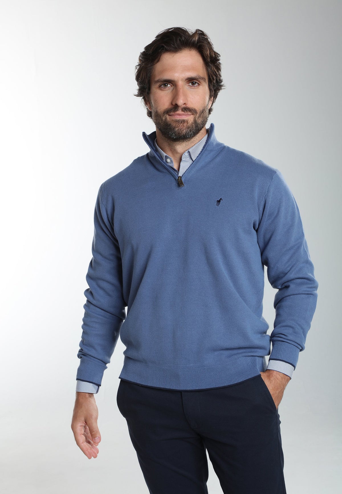 Pull col camionneur zippé Maxime en coton Milano bleu – Gentleman Farmer, vue 5