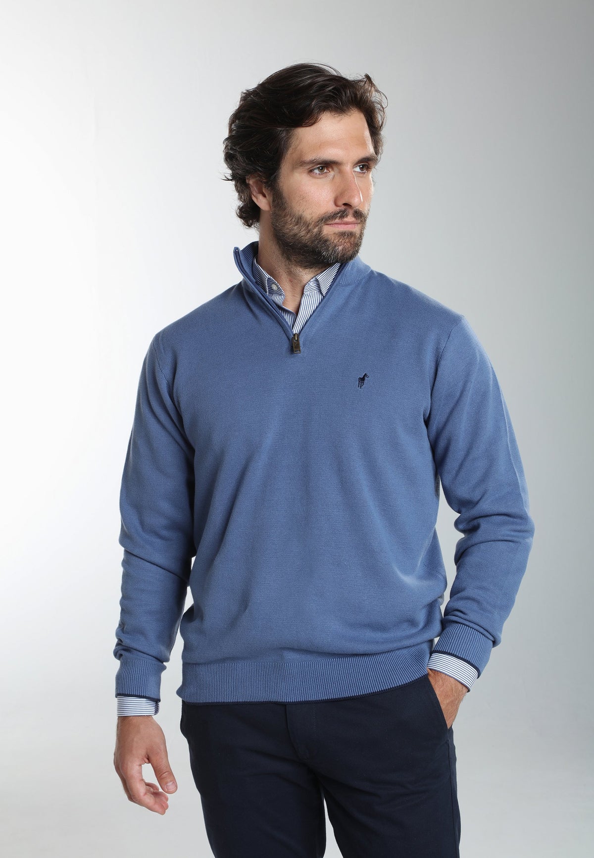 Pull col camionneur zippé Maxime en coton Milano bleu – Gentleman Farmer, vue 6