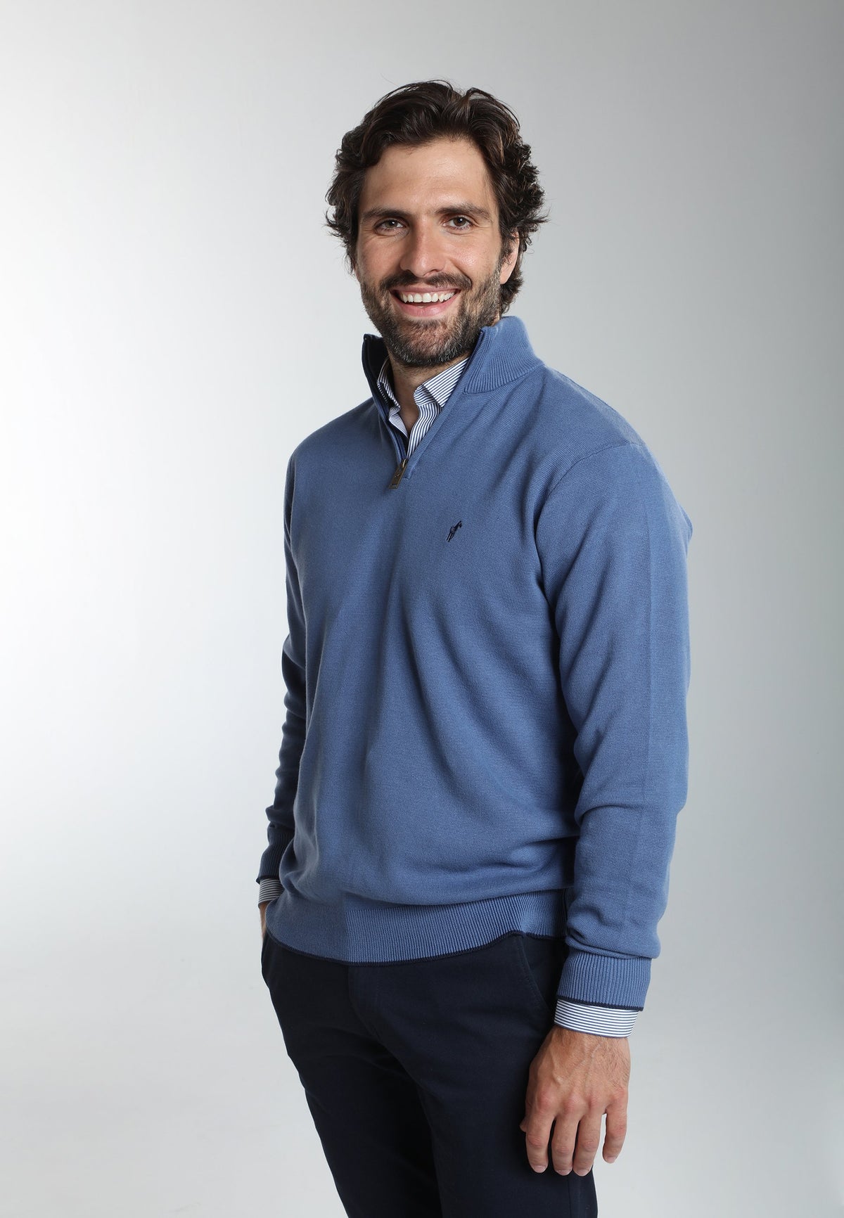 Pull col camionneur zippé Maxime en coton Milano bleu – Gentleman Farmer, vue 7
