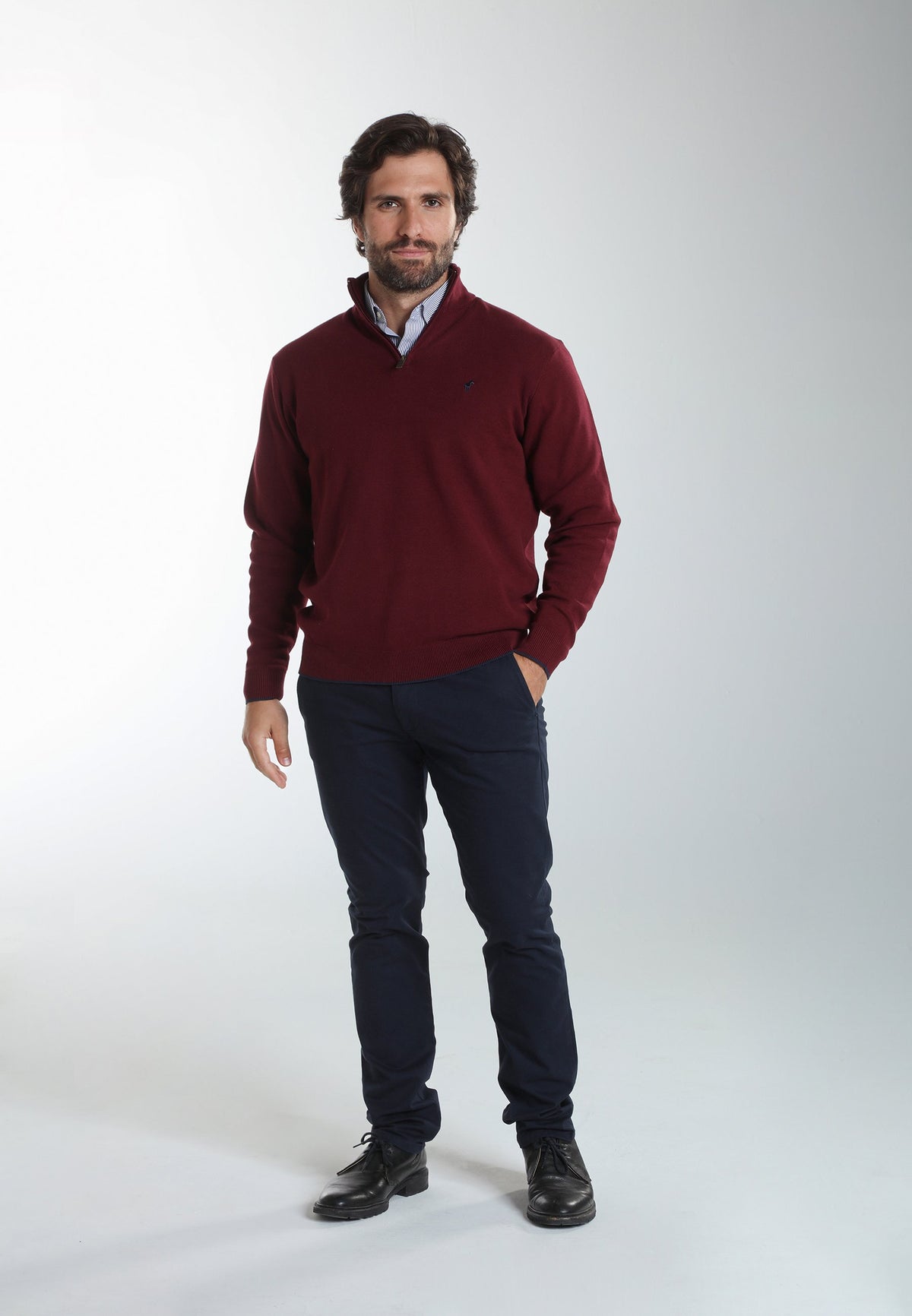 Pull col camionneur zippé Maxime en coton Milano bordeaux – Gentleman Farmer, vue 1