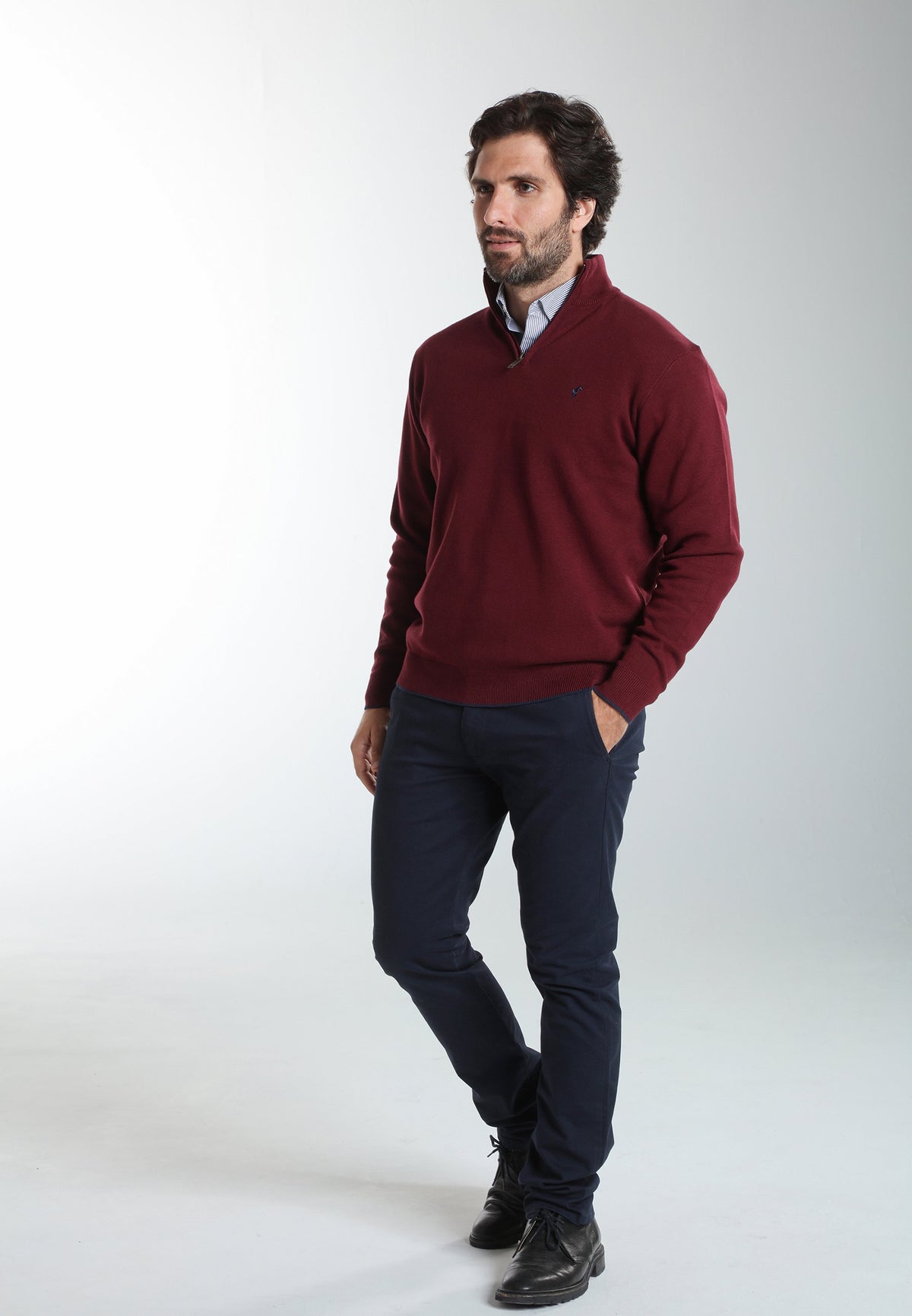 Pull col camionneur zippé Maxime en coton Milano bordeaux – Gentleman Farmer, vue 2