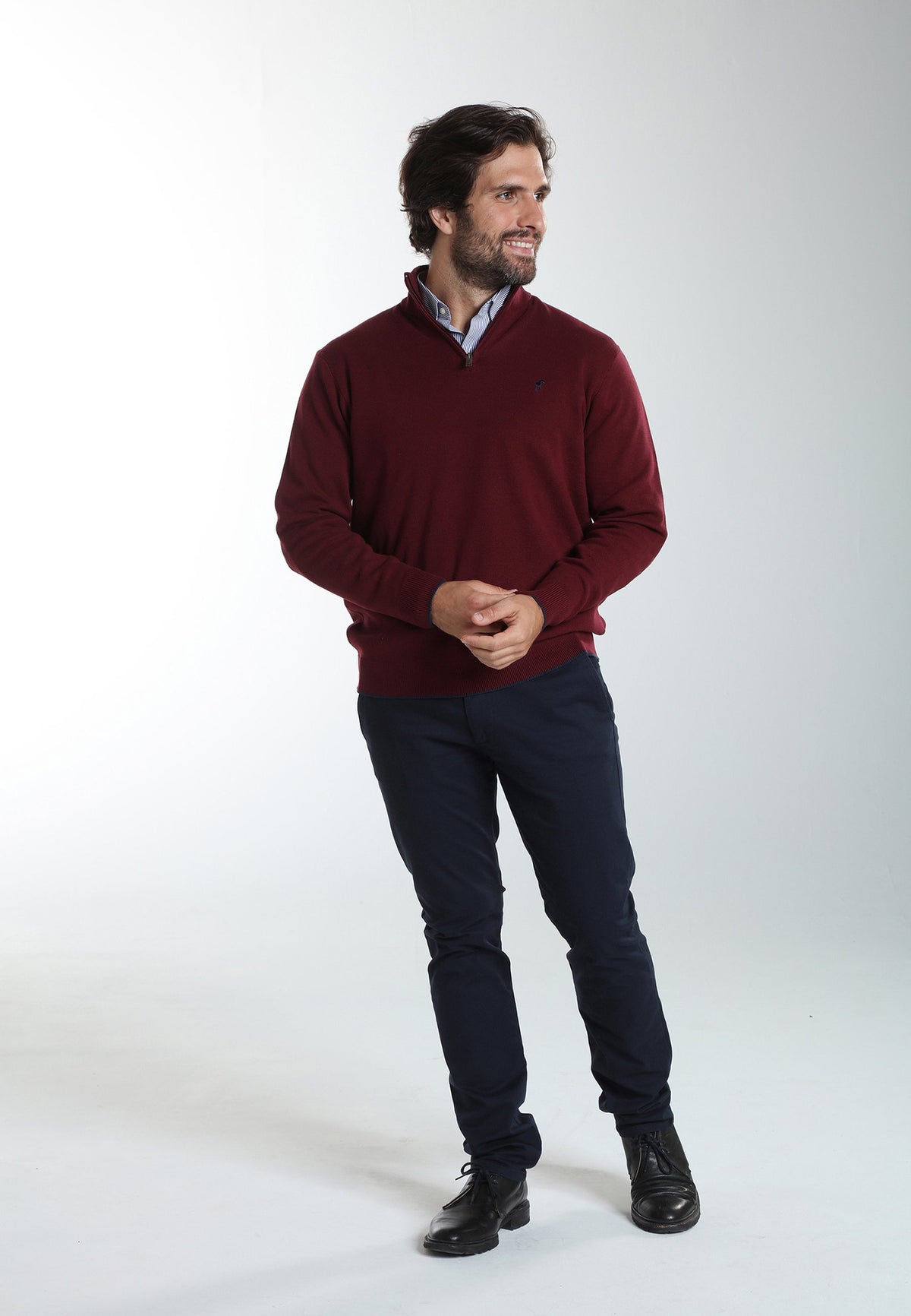 Pull col camionneur zippé Maxime en coton Milano bordeaux – Gentleman Farmer, vue 3