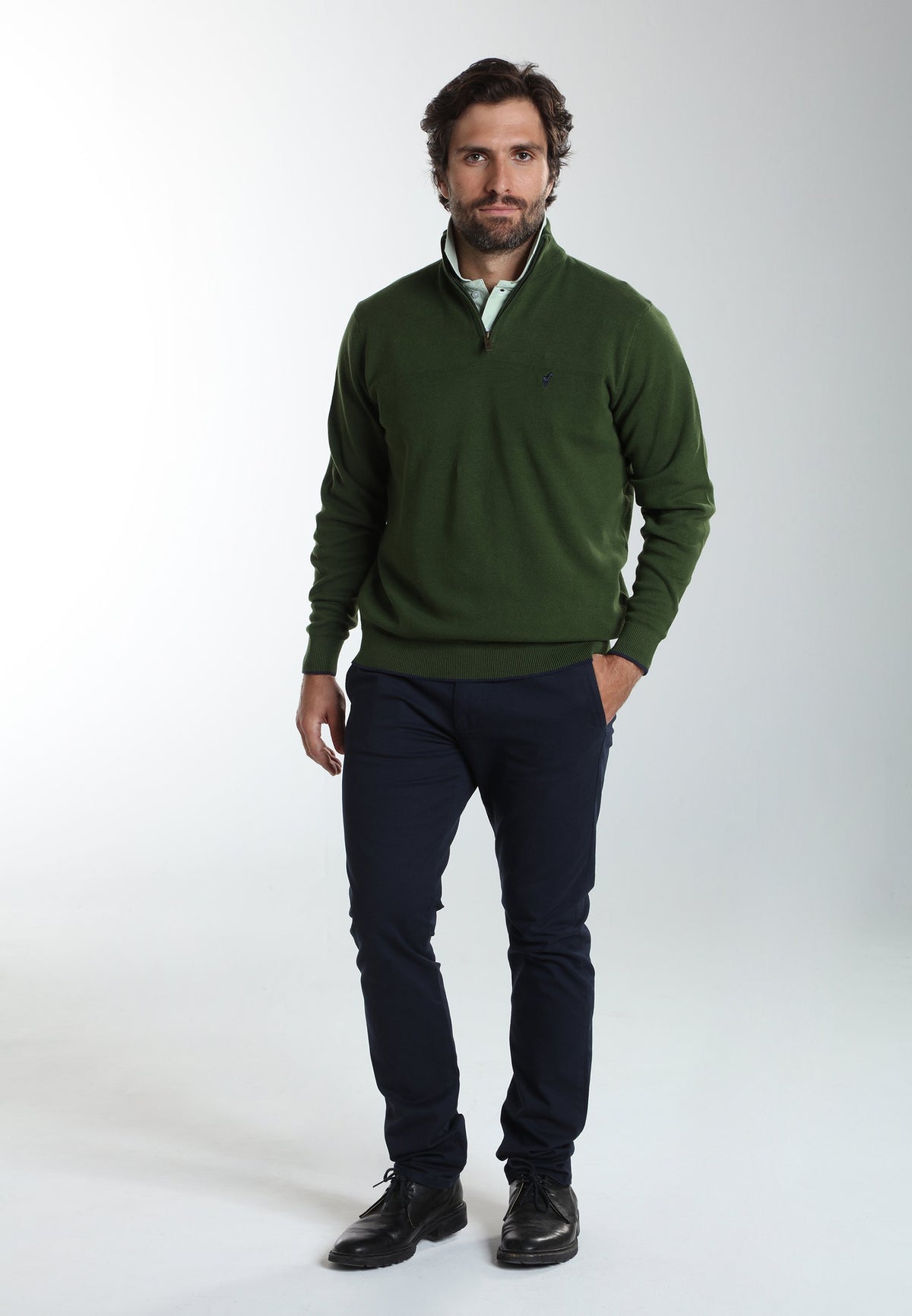 Pull col camionneur zippé Maxime en coton Milano kaki – Gentleman Farmer, vue 1