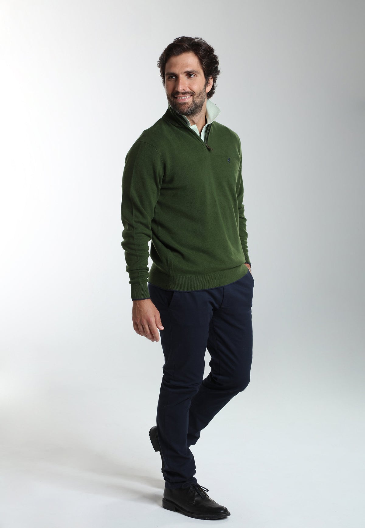 Pull col camionneur zippé Maxime en coton Milano kaki – Gentleman Farmer, vue 2