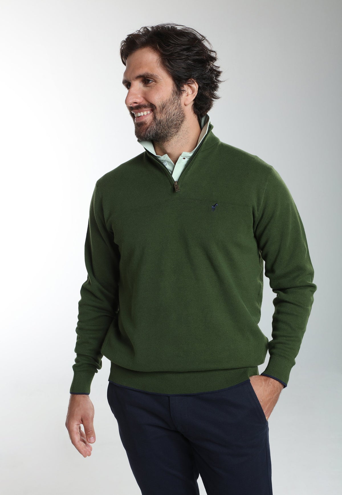 Pull col camionneur zippé Maxime en coton Milano kaki – Gentleman Farmer, vue 6