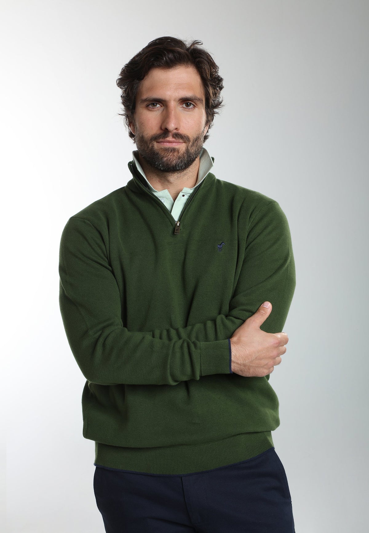 Pull col camionneur zippé Maxime en coton Milano kaki – Gentleman Farmer, vue 7