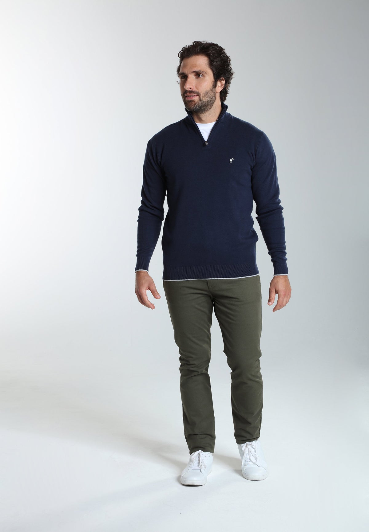 Pull col camionneur zippé Maxime en coton Milano marine – Gentleman Farmer, vue 1