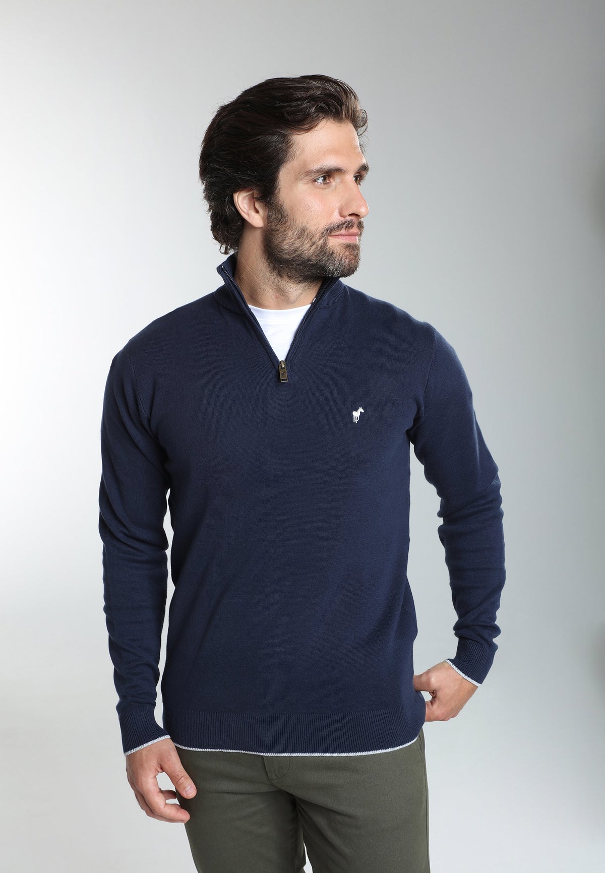 Pull col camionneur zippé Maxime en coton Milano marine – Gentleman Farmer, vue 7