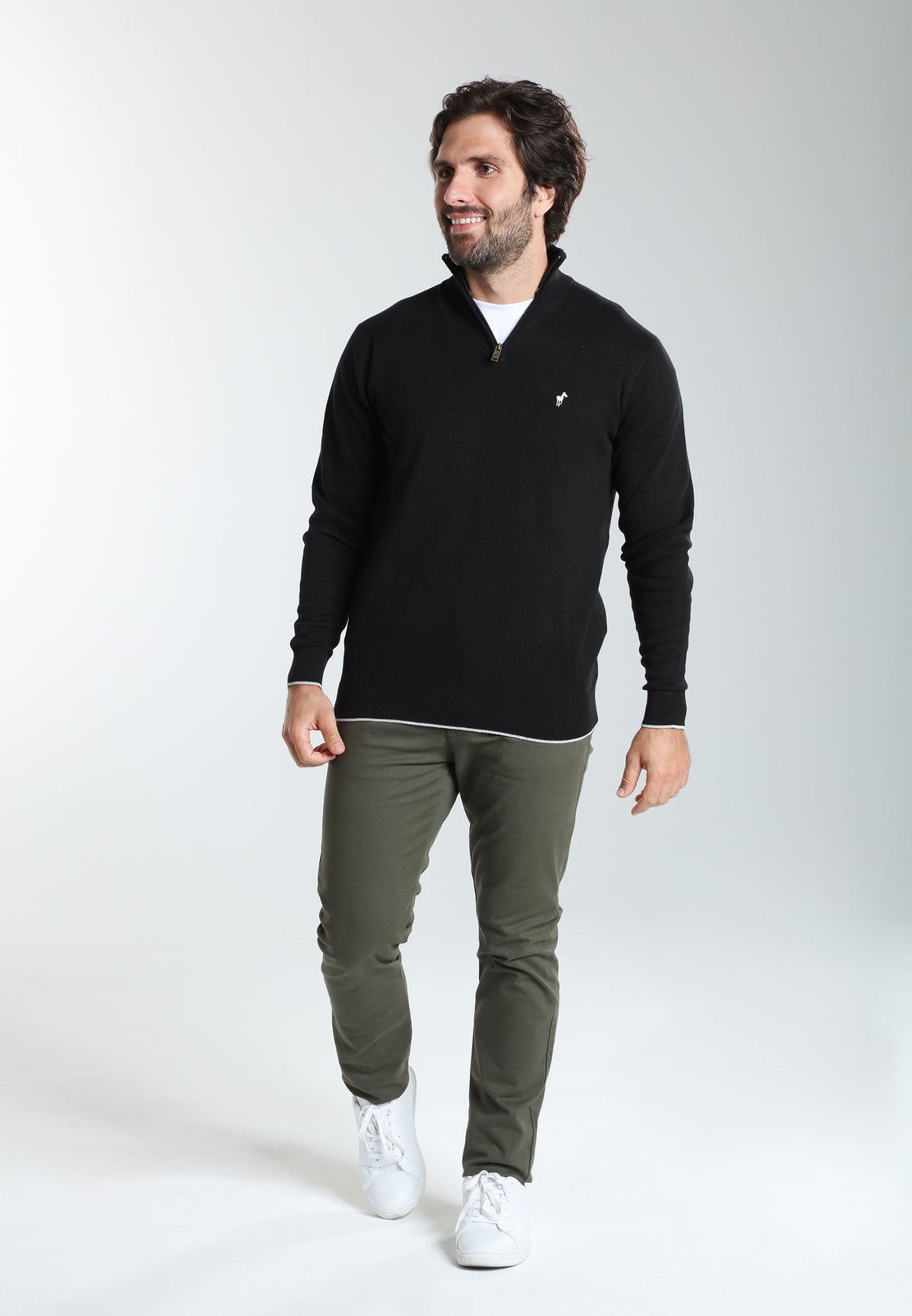 Pull col camionneur zippé Maxime en coton Milano noir – Gentleman Farmer, vue 1