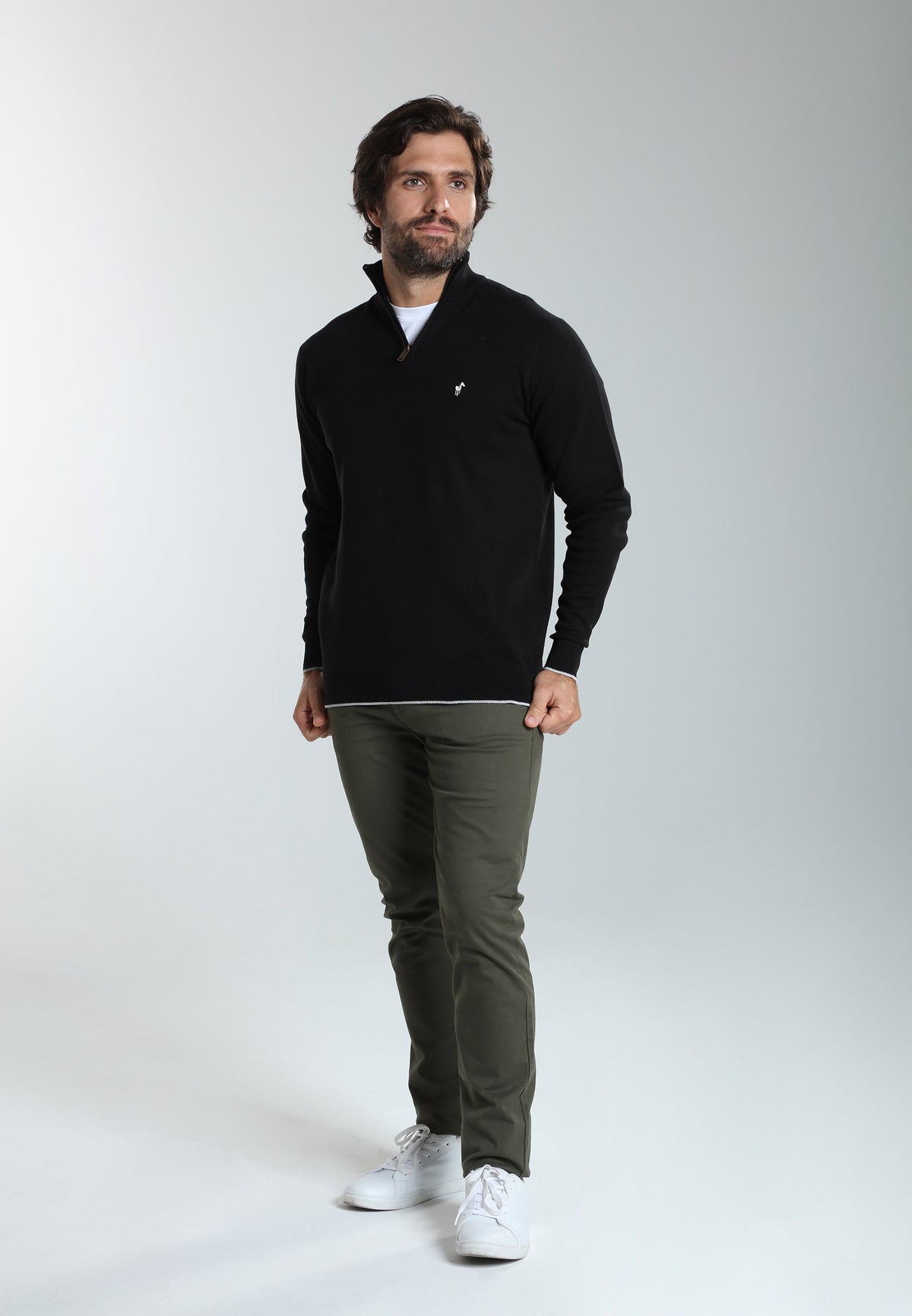 Pull col camionneur zippé Maxime en coton Milano noir – Gentleman Farmer, vue 2
