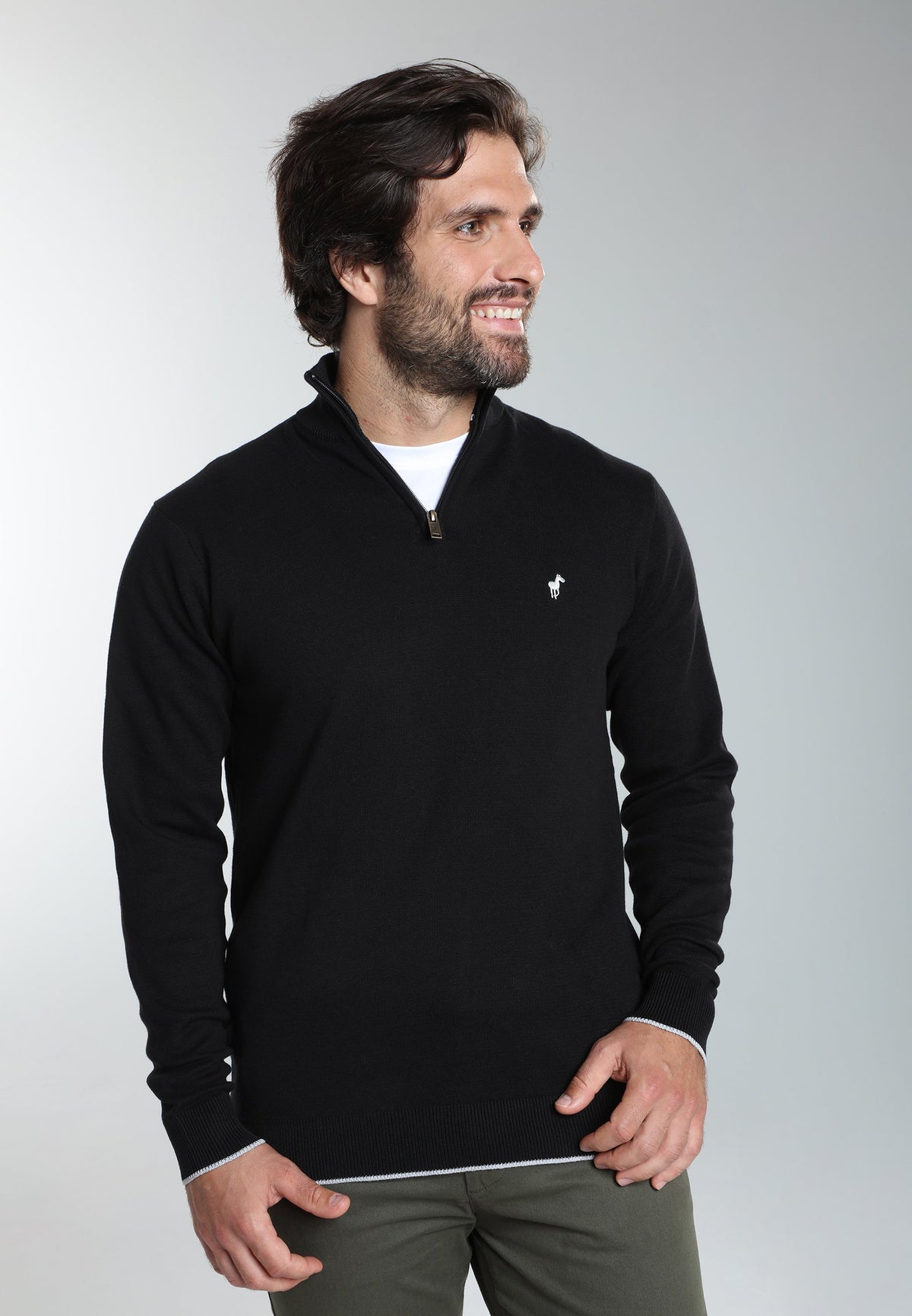 Pull col camionneur zippé Maxime en coton Milano noir – Gentleman Farmer, vue 5