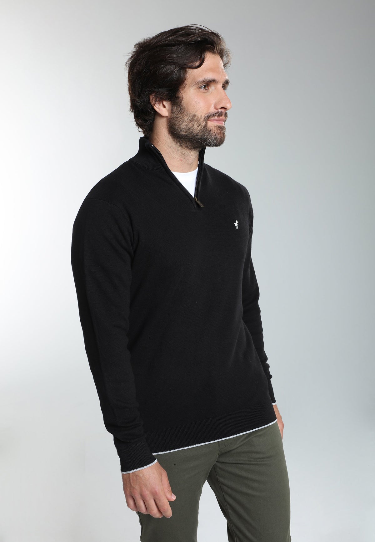 Pull col camionneur zippé Maxime en coton Milano noir – Gentleman Farmer, vue 6